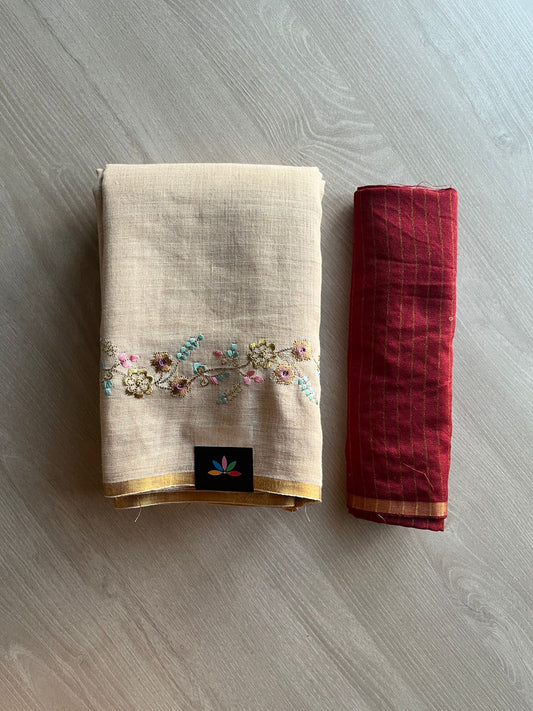 Exclusive Embroidered Linen Saree - 24132 -24134