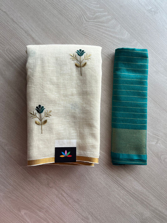 Exclusive Embroidered Linen Saree - 24140 -24141