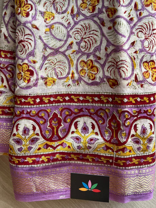 Floral Printed Chanderi Cotton Silk Saree with Traditional Zari Border-24371