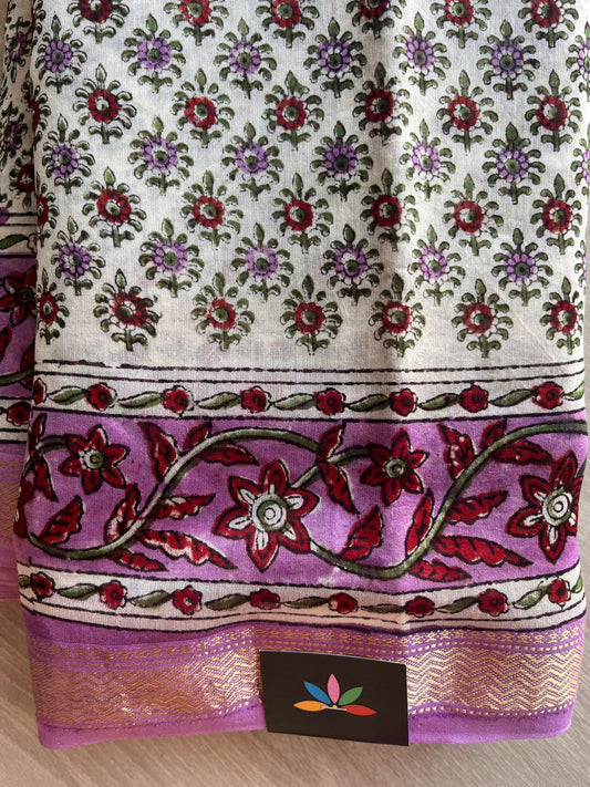 Floral Printed Chanderi Cotton Silk Saree with Traditional Zari Border-24373