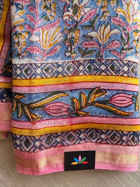 Floral Printed Chanderi Cotton Silk Saree with Traditional Zari Border-24374