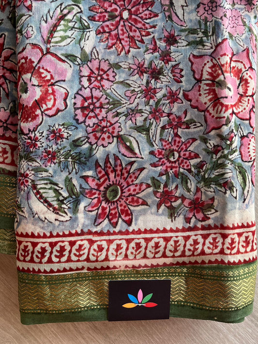 Floral Printed Chanderi Cotton Silk Saree with Traditional Zari Border-24375