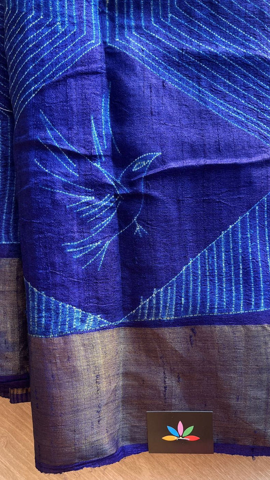 Needle Shibori Tussar Silk Saree – Indigo Elegance-24378
