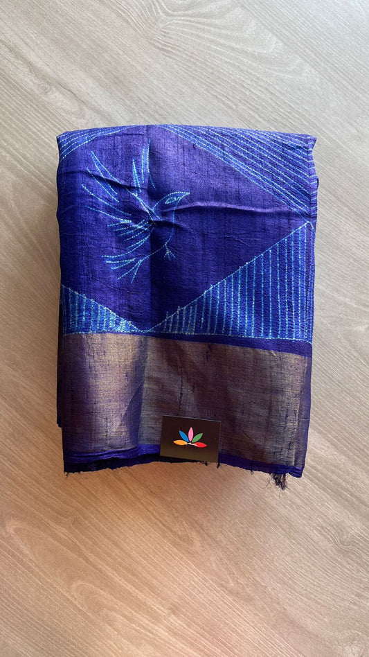 Needle Shibori Tussar Silk Saree – Indigo Elegance-24378