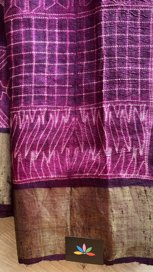 Handcrafted Tussar Silk Saree with Boxed Floral & Bird Motifs – Deep Magenta Elegance-24379
