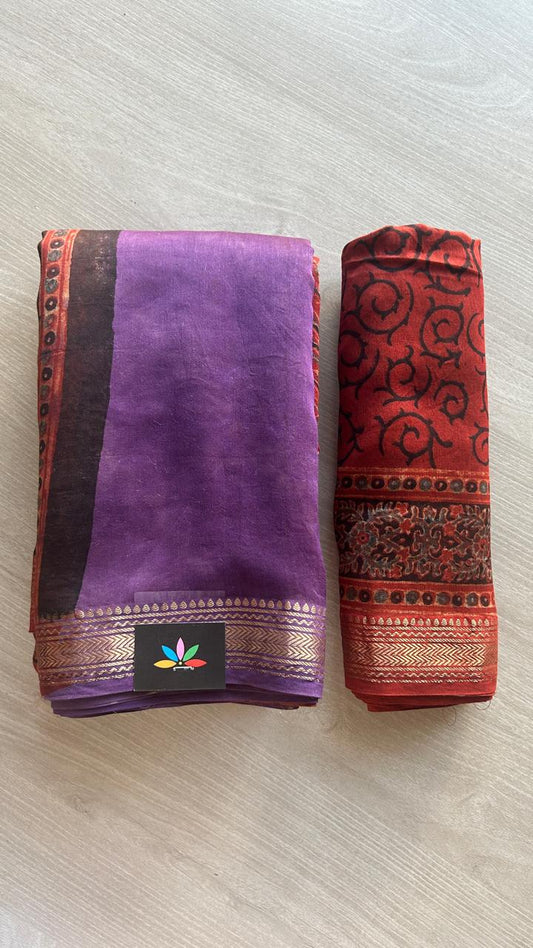 Chanderi Silk Cotton Saree with Ajrakh Pallu -24521
