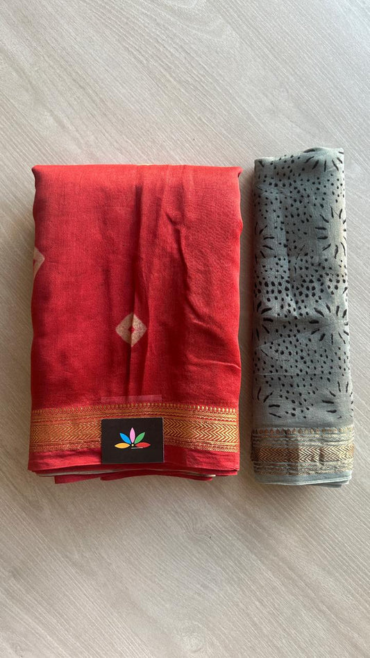 Chanderi Silk Cotton Saree with Ajrakh Pallu -24524-24525
