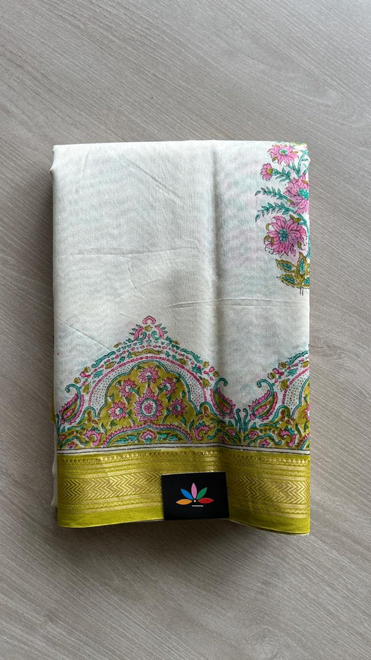 Offwhite Floral Handblock Printed Chanderi Cotton Silk Saree -24586