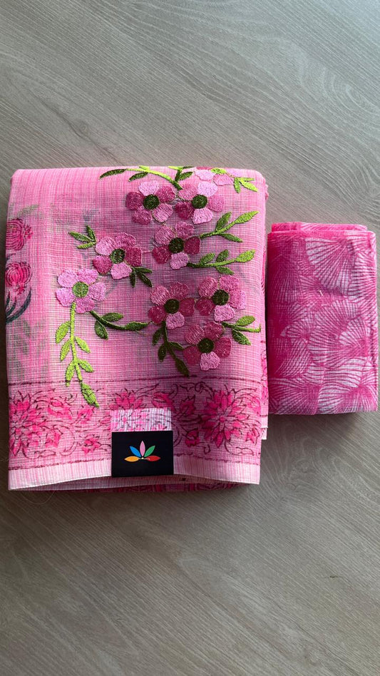Embroidered Printed Kota Saree with Contrast Blouse-24615