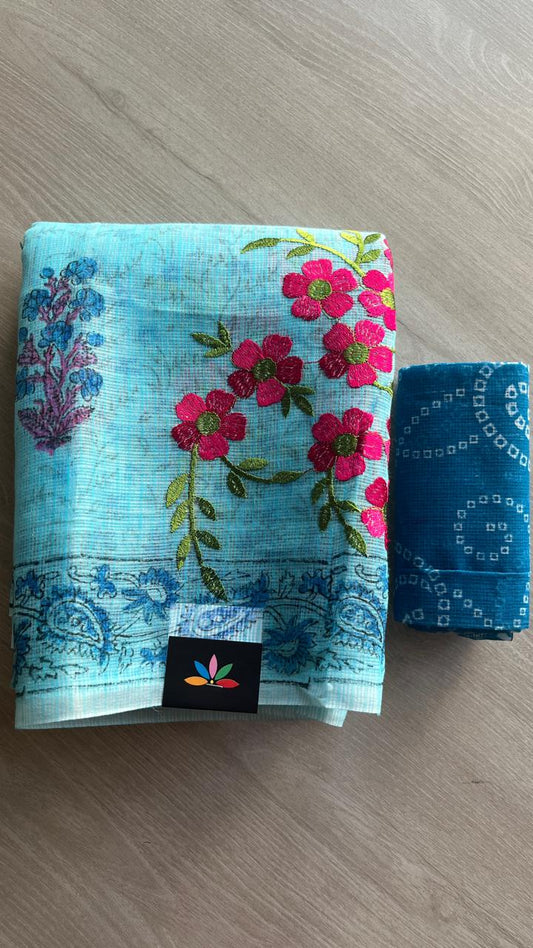 Embroidered Printed Kota Saree with Contrast Blouse-24618