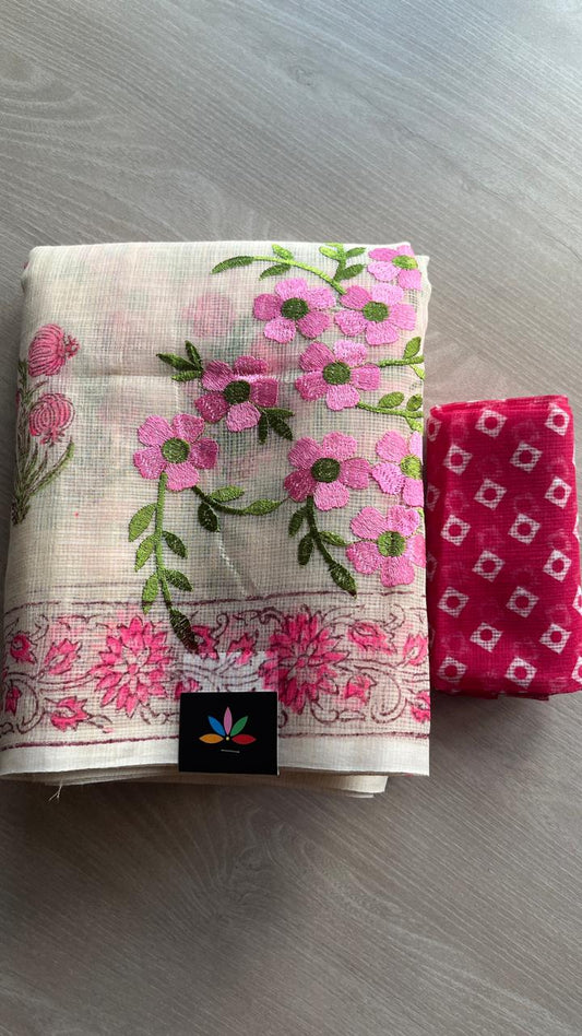 Embroidered Printed Kota Saree with Contrast Blouse-24619