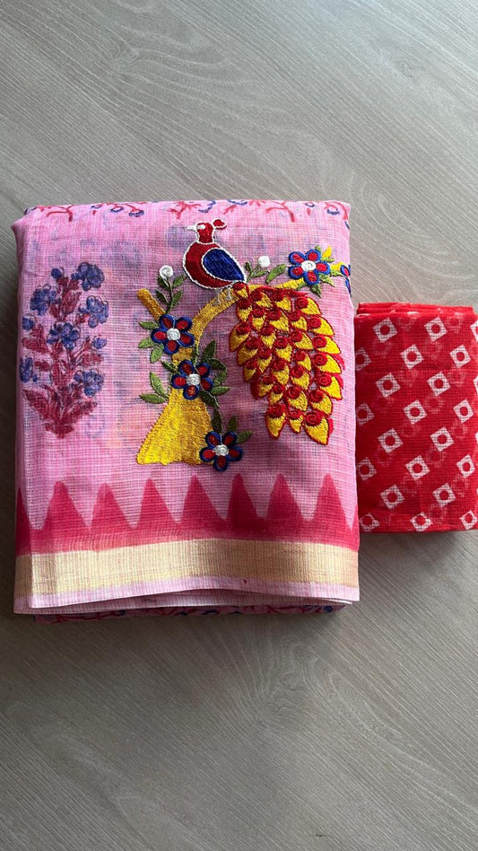 Embroidered Printed Kota Saree with Contrast Blouse-24621