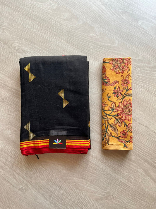 Black Jamdani Handloom Soft Cotton Saree with Cotton Fabric-4542B