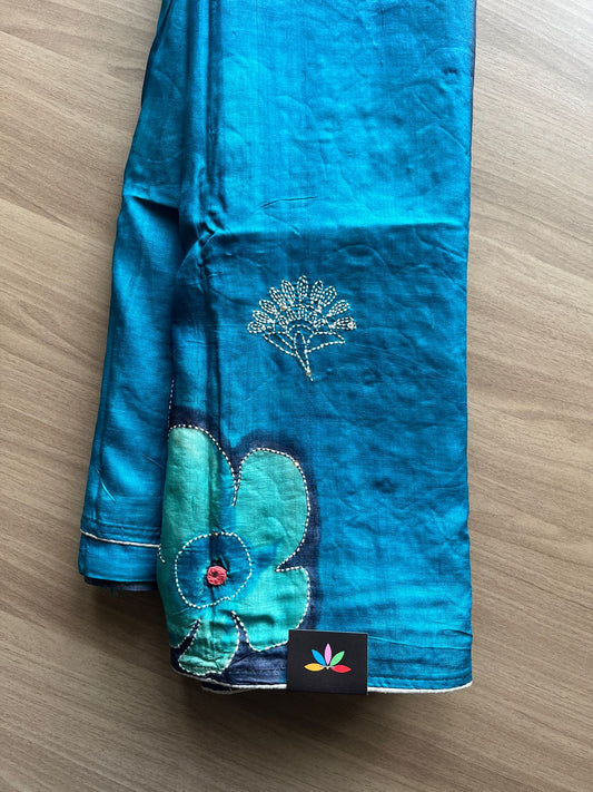 Handcrafted with Block Printed and Kantha Stitch Pure Tussar Silk Saree-21781