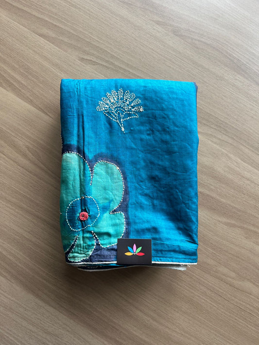 Handcrafted with Block Printed and Kantha Stitch Pure Tussar Silk Saree-21781