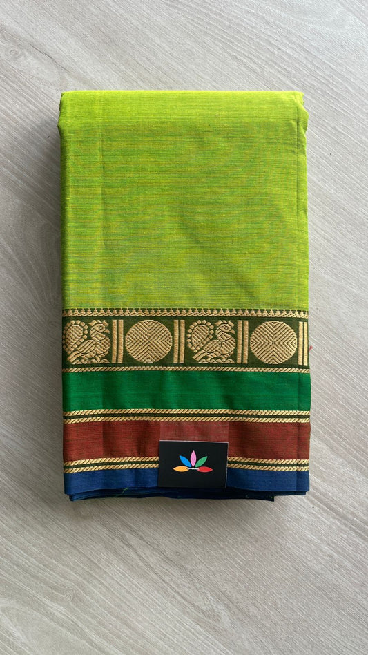 Lime Green Chettinad Cotton Saree with Peacock and Rudraksham Border -24404