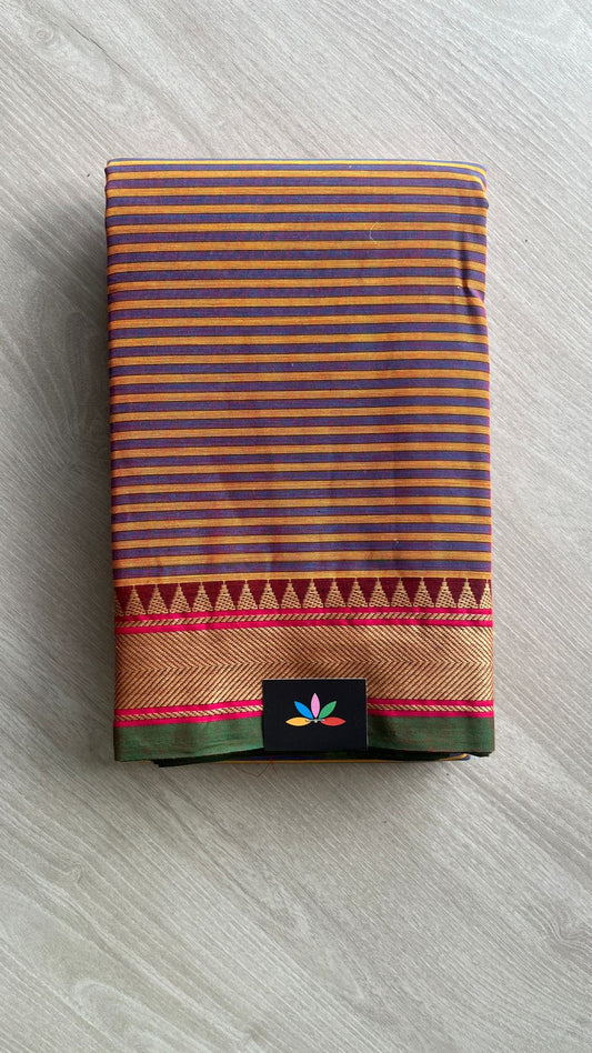Striped Chettinad Cotton Saree with Thread Temple Border -24405