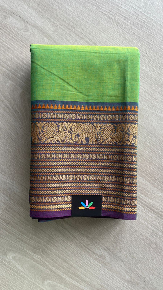 Parrot Green Chettinad Cotton Saree with Elephant Border -24408
