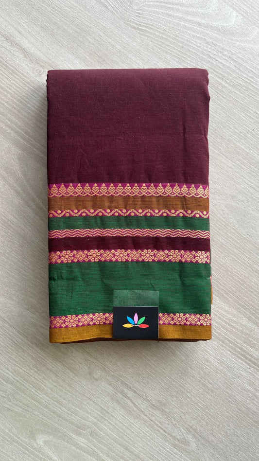 Wine Chettinad Cotton Saree with Contrast Green & Pink Border and Floral Detailing - 24411
