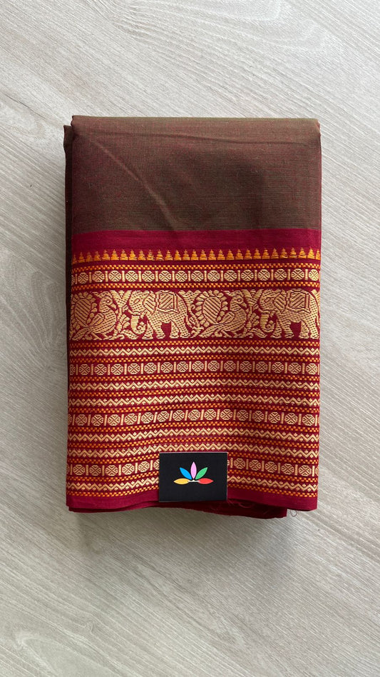 Greenish Maroon Chettinad Cotton Saree with Maroon Elephant Motif -24413