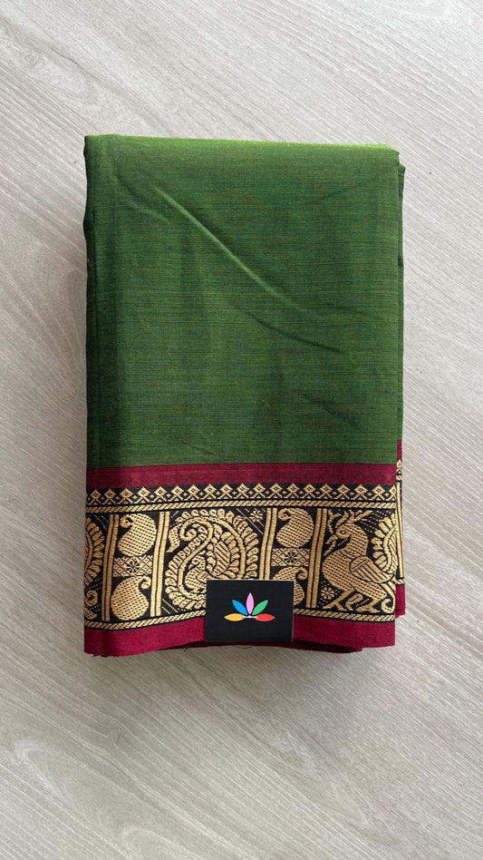 Deep Moss Green Chettinad Cotton Saree with Maroon Peacock Border -24414