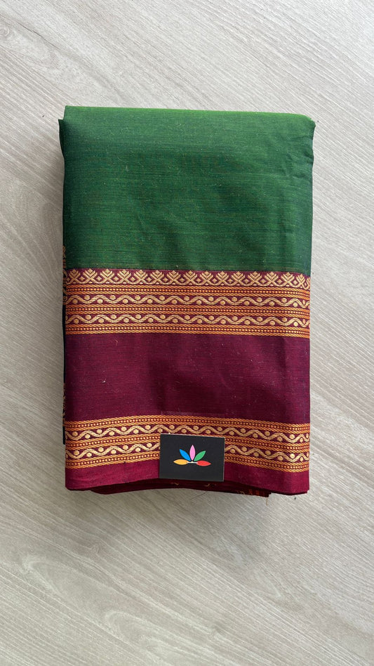 Emerald Green Chettinad Cotton Saree with Maroon and Blue Border -24416