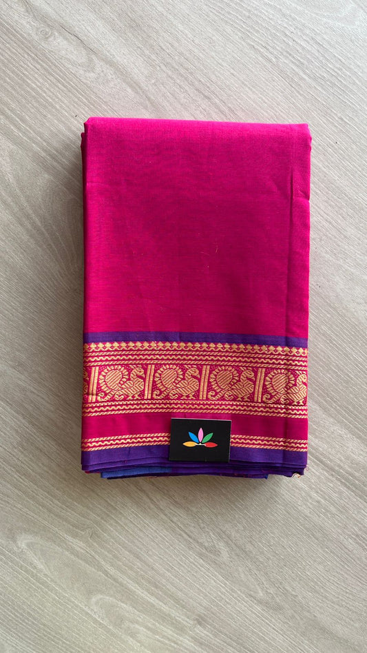 Rani Pink Chettinad Cotton Saree with Purple Peacock Border -24417