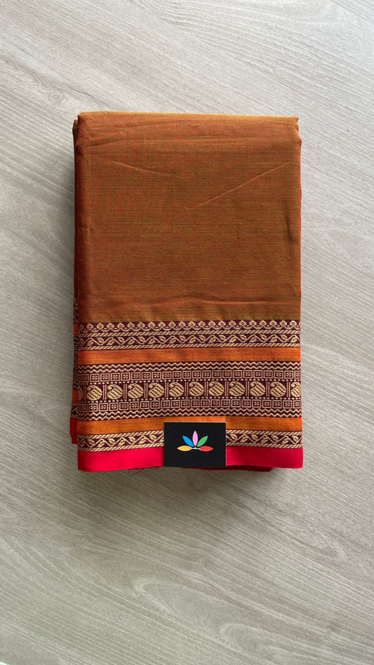 Rust Orange Chettinad Cotton Saree with Contrast Traditional Border -24420