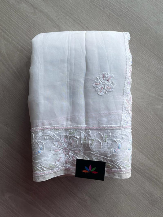 Cutdana Fine Hand Embroidered Chikankari Organza Silk Saree - 9669