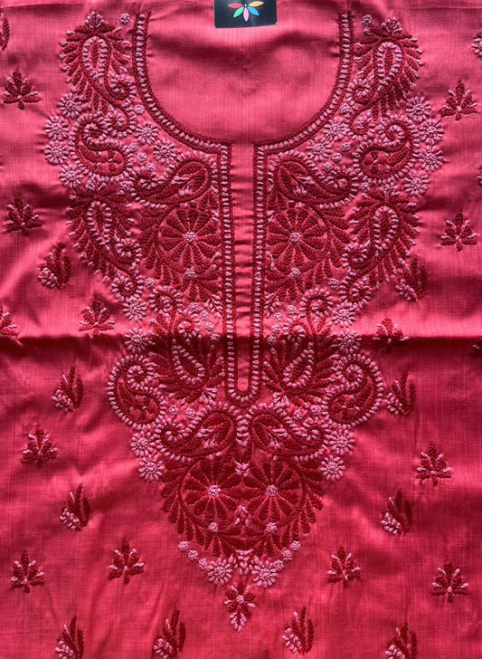 Red Dupion Silk Chikankari Kurti Fabric -647