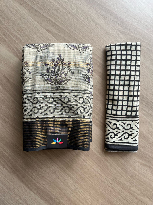 Big Border Handblock Printed Kota Doria Saree -22246