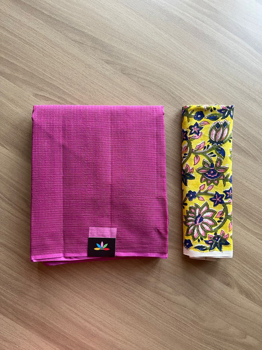 Plain Kota Cotton Saree Paired with Contrast Blouse-17781-17782