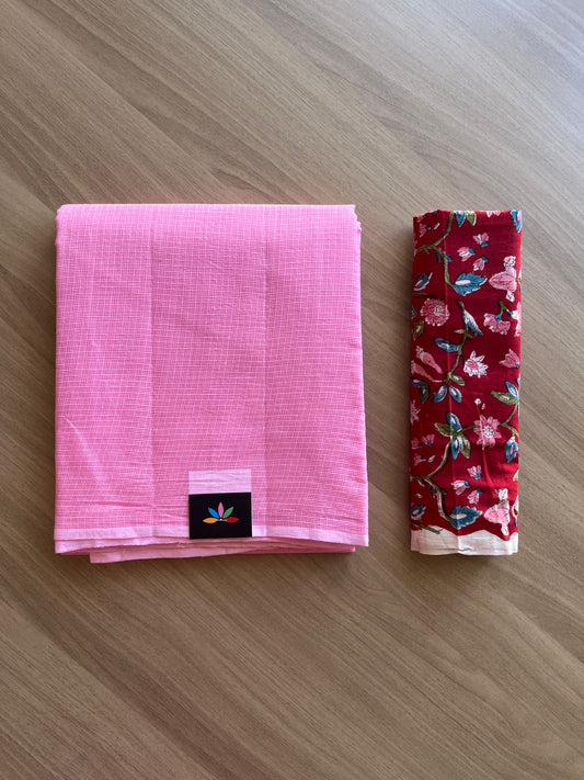 Plain Kota Cotton Saree Paired with Contrast Blouse-18618-18619