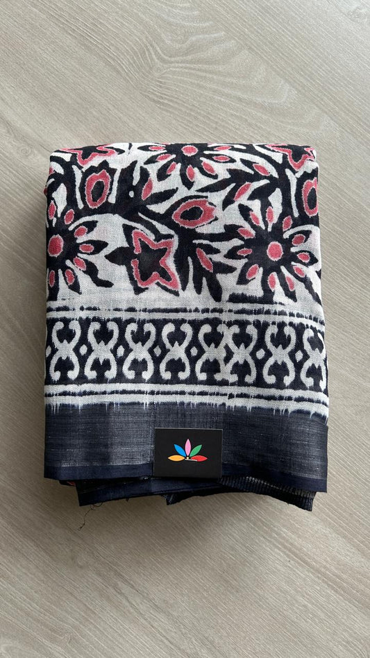 Handblock Printed Linen Cotton Saree-24555-24556
