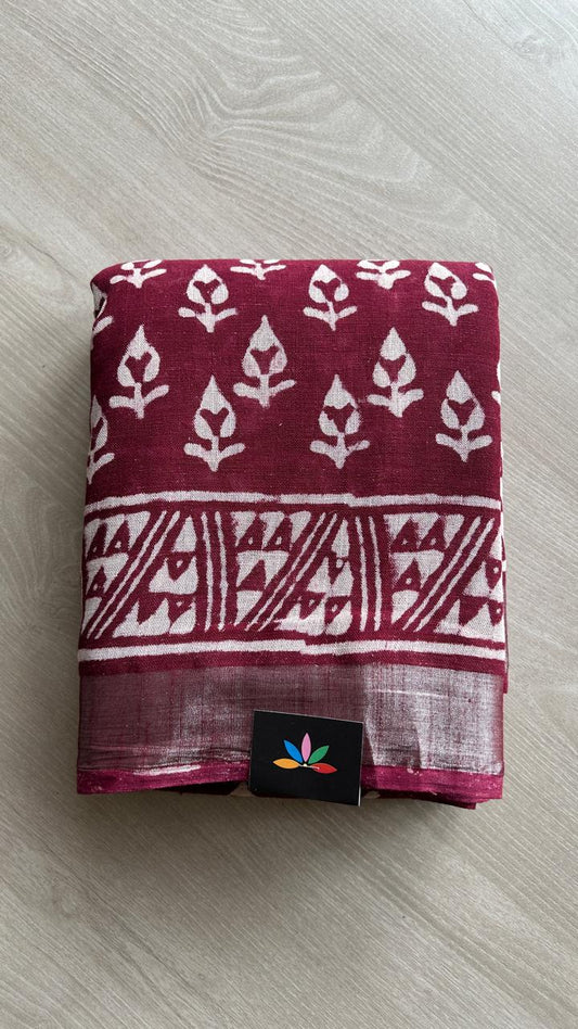 Handblock Printed Linen Cotton Saree-24559-24560