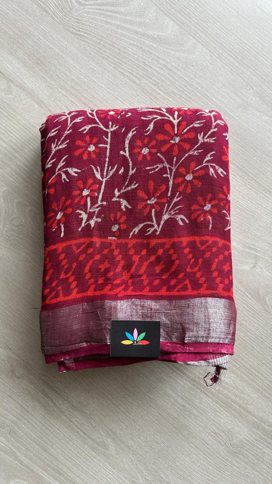 Handblock Printed Linen Cotton Saree-24563-24564