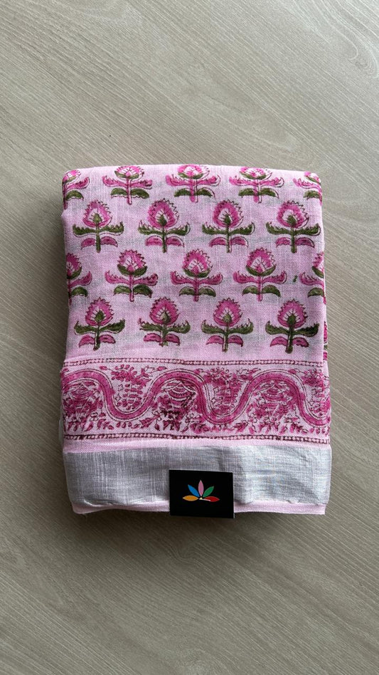 Handblock Printed Linen Cotton Saree-24567-24568