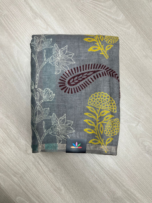 Designer Handblock Printed Fine Linen Saree-23782