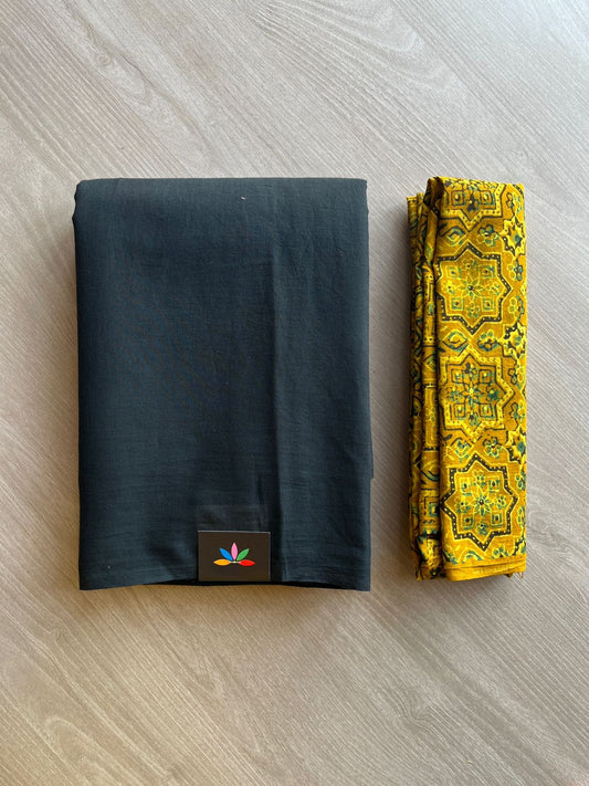 Black Plain Mul Saree and Handblock Blouse Fabric – Casual/Work Wear-24304-24308