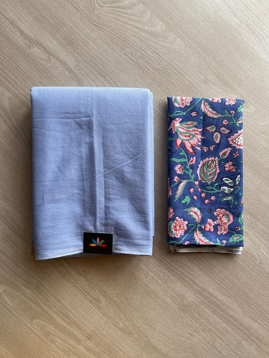 Periwinkle Blue Plain Mul Saree and Handblock Blouse Fabric – Casual/Work Wear-24309-24313