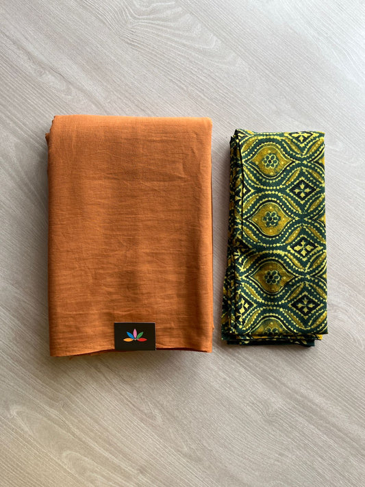 Warm Burnt Orange Plain Mul Saree and Handblock Blouse Fabric – Casual/Work Wear-24314-24318