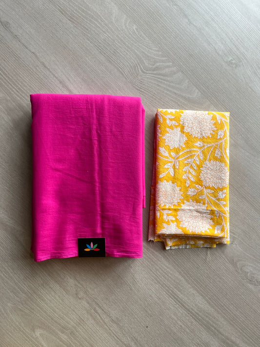 Fuchsia Pink Plain Mul Saree and Handblock Blouse Fabric –Casual/Work Wear-24319-24323