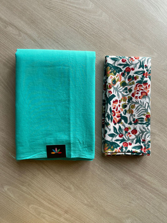 Turquoise Blue Plain Mul Saree and Handblock Blouse Fabric –Casual/Work Wear-24324-24328