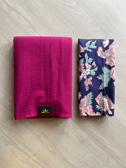 Deep Magenta Plain Mul Saree and Handblock Blouse Fabric –Casual/Work Wear-24329-24333