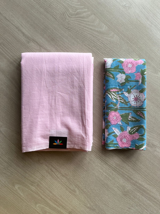 Soft Pastel Pink Plain Mul Saree and Handblock Blouse Fabric – Casual/Work Wear-24334-24338