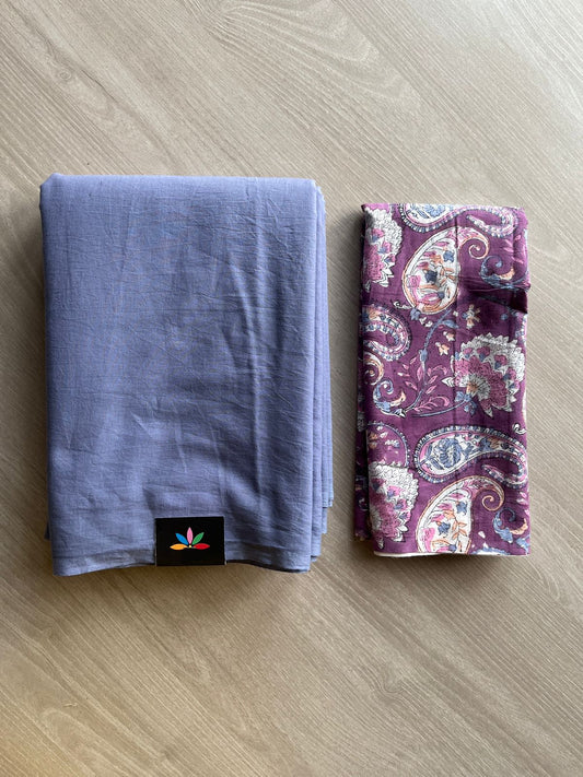 Lavender Blue Plain Mul Saree and Handblock Blouse Fabric – Casual/Work Wear-24339-24343