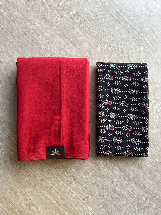 Crimson Red Plain Mul Saree and Handblock Blouse Fabric – Casual/Work Wear-24344-24346