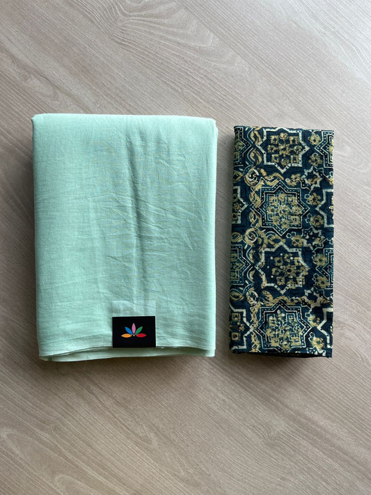 Mint Green Plain Mul Saree and Handblock Blouse Fabric – Casual/Work Wear-24347-24351