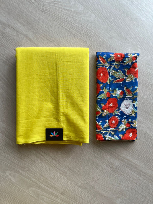 Canary Yellow Plain Mul Saree and Handblock Blouse Fabric – Casual/Work Wear-24352-24356