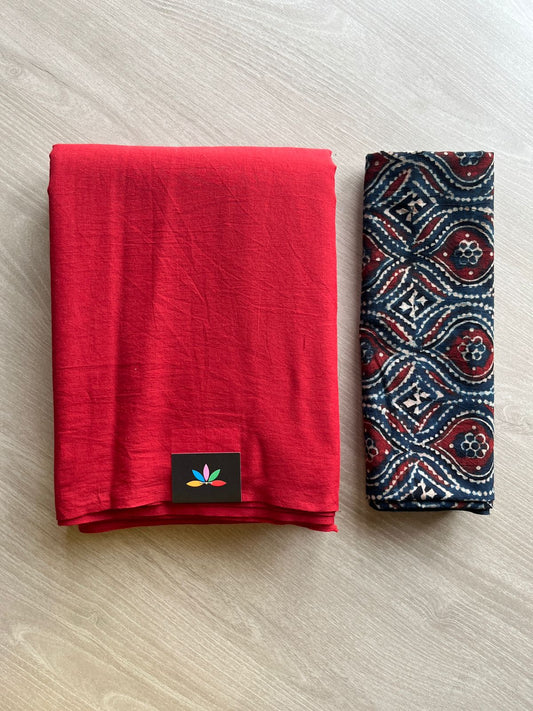 Crimson Red Plain Mul Saree and Handblock Blouse Fabric – Casual/Work Wear-24357-24358